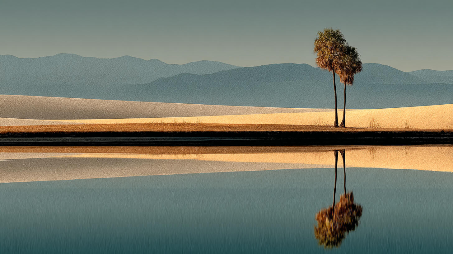 Minimalist Sahara oasis with single palm