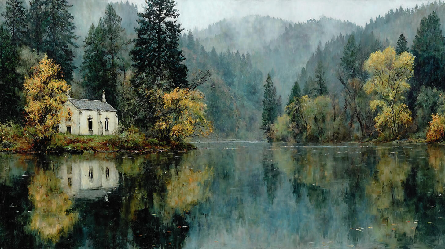 Ethereal small chapel by Alpine lake Ethereal small chapel by Alpine lake